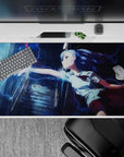Stormy neon anime desk pad 40x20 inches in deep navy and icy cyan lightning for a midnight chase mood.