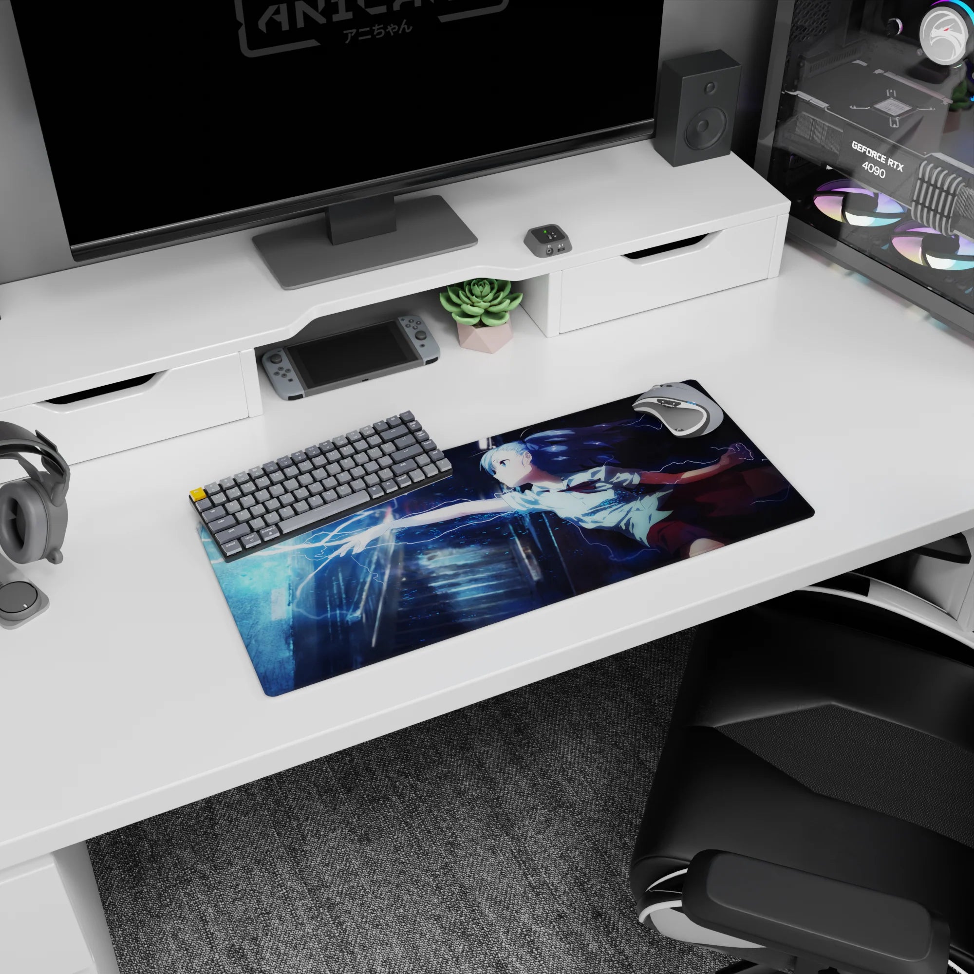 28x12 inches extended mouse pad showing blue-haired schoolgirl lunging forward, fingers sparking with electricity.