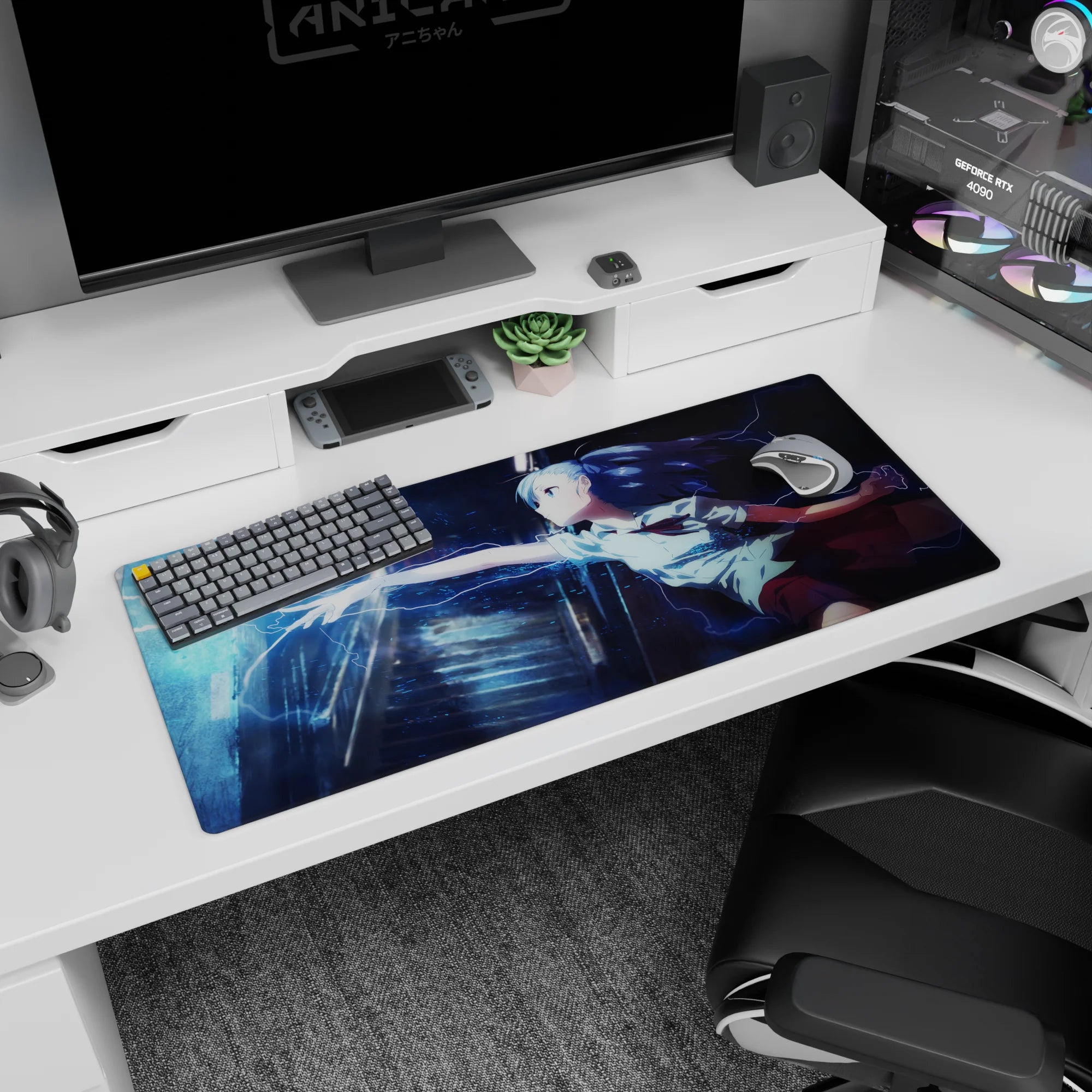 Blue-haired anime schoolgirl lunging with electrified fingers on a 36x16 inches desk pad.