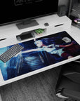 Blue-haired anime schoolgirl lunging with sparking fingers on desk pad 40x20 inches, glossy rain streaks.