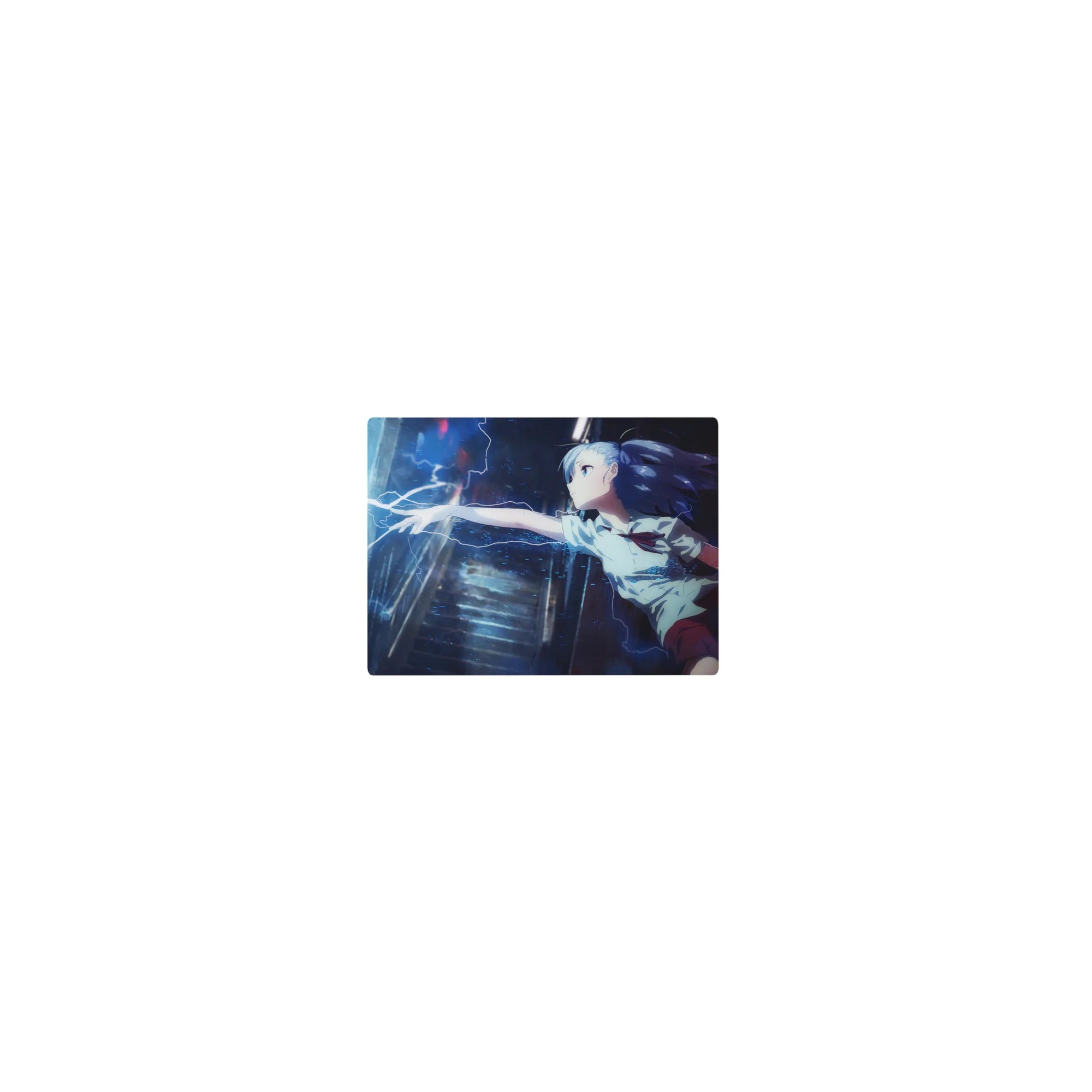 Classic anime girl mouse pad 14x10 inches with blue-haired schoolgirl and electric lightning action art.