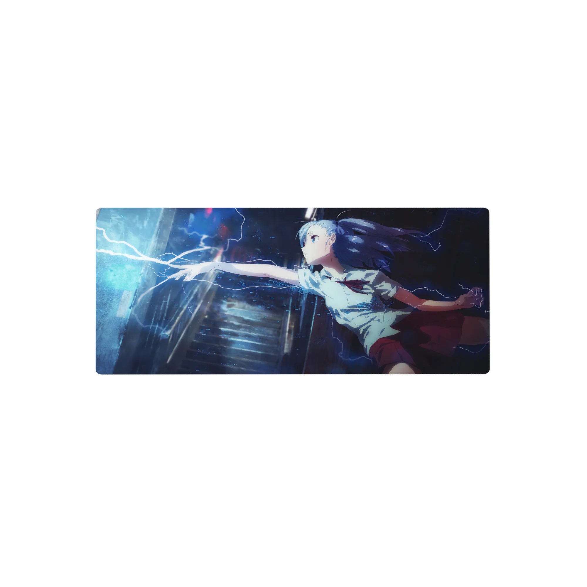 28x12 inches anime girl mouse pad with blue-haired schoolgirl and electric lightning in rainy neon city scene.