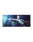 28x12 inches anime girl mouse pad with blue-haired schoolgirl and electric lightning in rainy neon city scene.