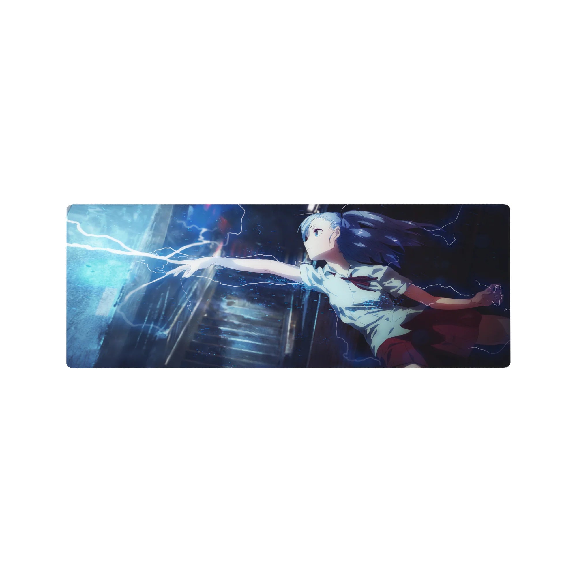 32x12 inches anime girl mouse pad with blue-haired schoolgirl and electric lightning in neon rain.