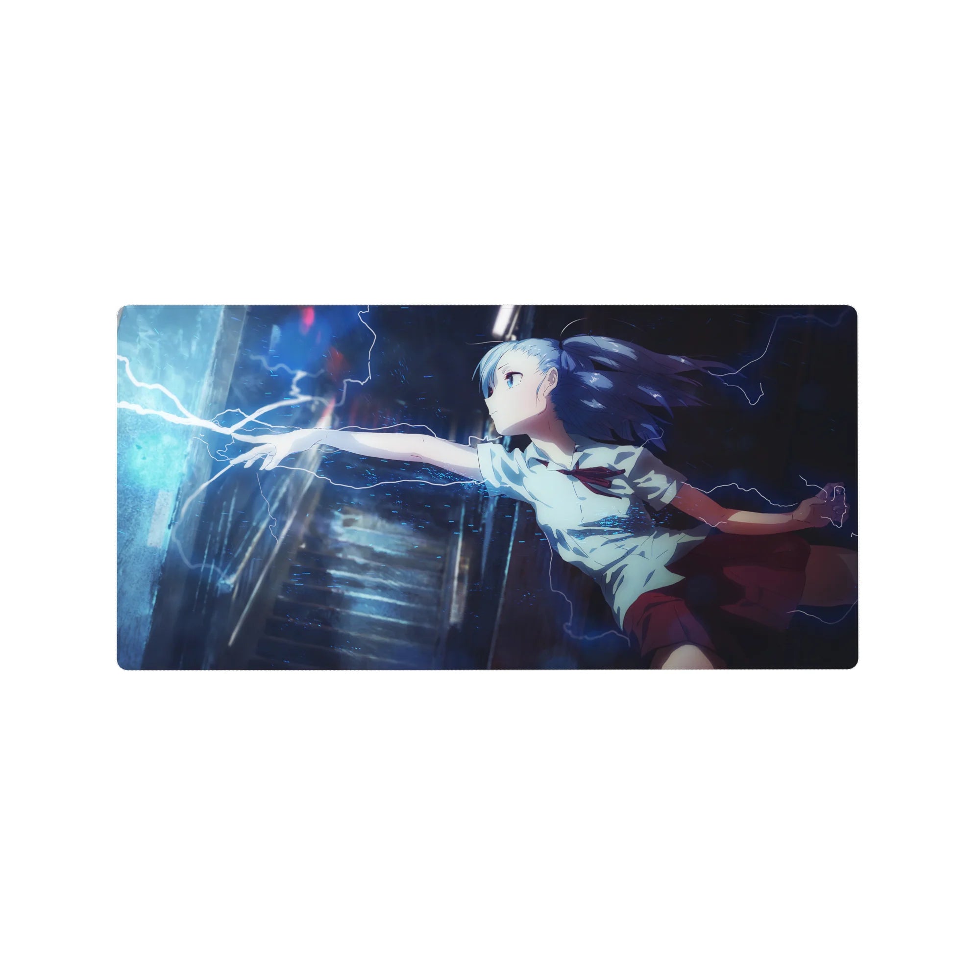 Anime girl mouse pad 32x16 inches featuring a blue-haired schoolgirl with electric sparks in neon rain.