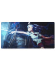 Anime girl mouse pad 32x16 inches featuring a blue-haired schoolgirl with electric sparks in neon rain.