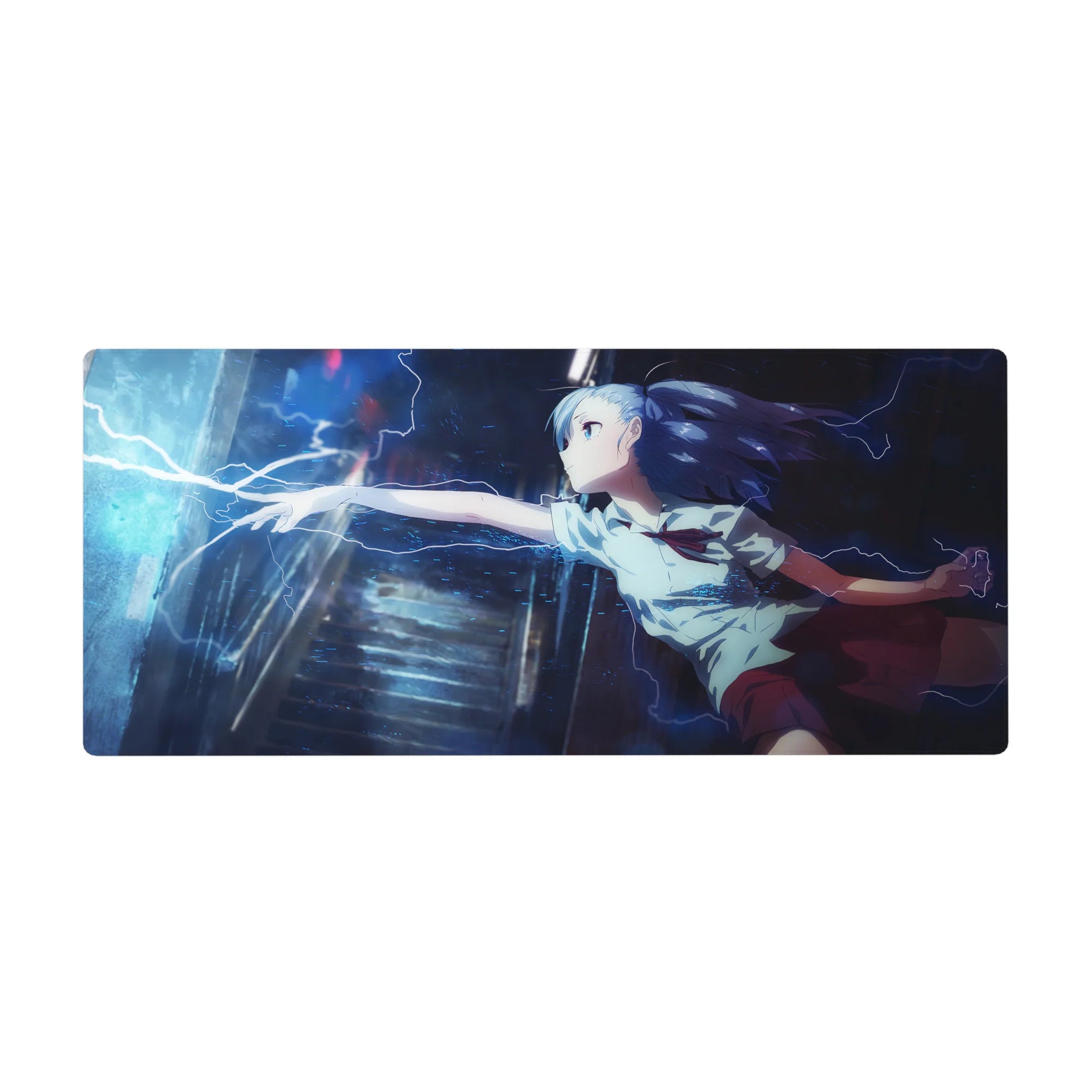 Anime girl desk pad 36x16 inches with blue-haired schoolgirl and lightning, neon rainstorm artwork.