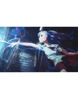 Anime girl desk pad 40x20 inches with blue-haired schoolgirl and electric lightning, rain-soaked neon scene.