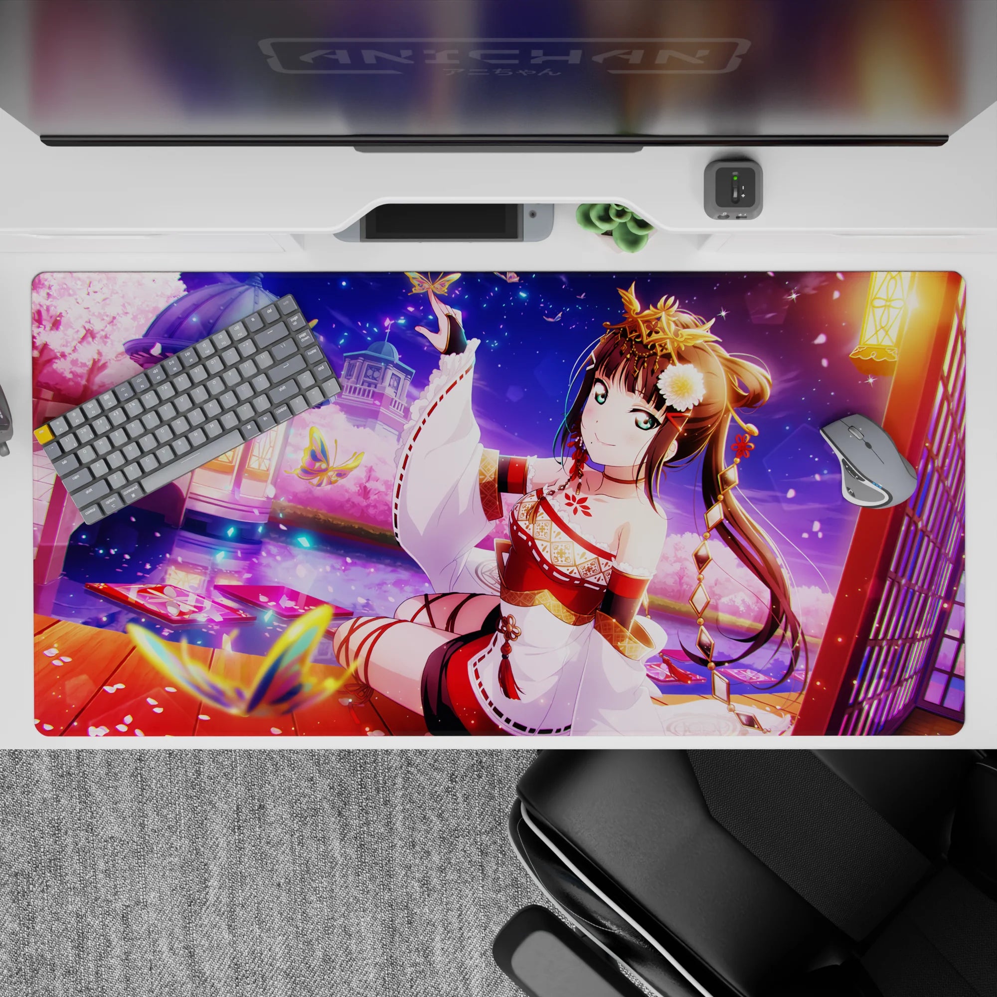 40x20 inches anime desk pad in red, white, and gold with cozy lantern glow under a starry purple sky.