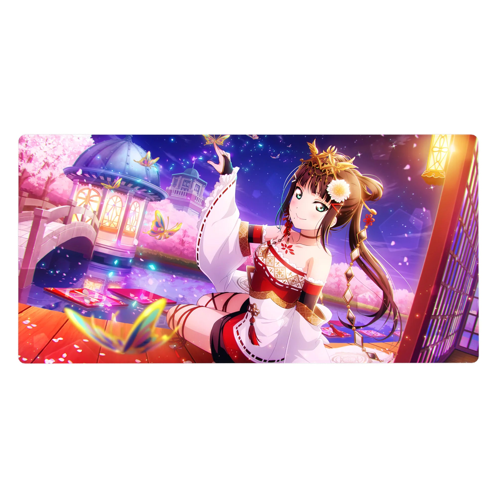 Anime girl desk pad 40x20 inches with shrine princess art, butterflies, petals, and lantern-lit lake.
