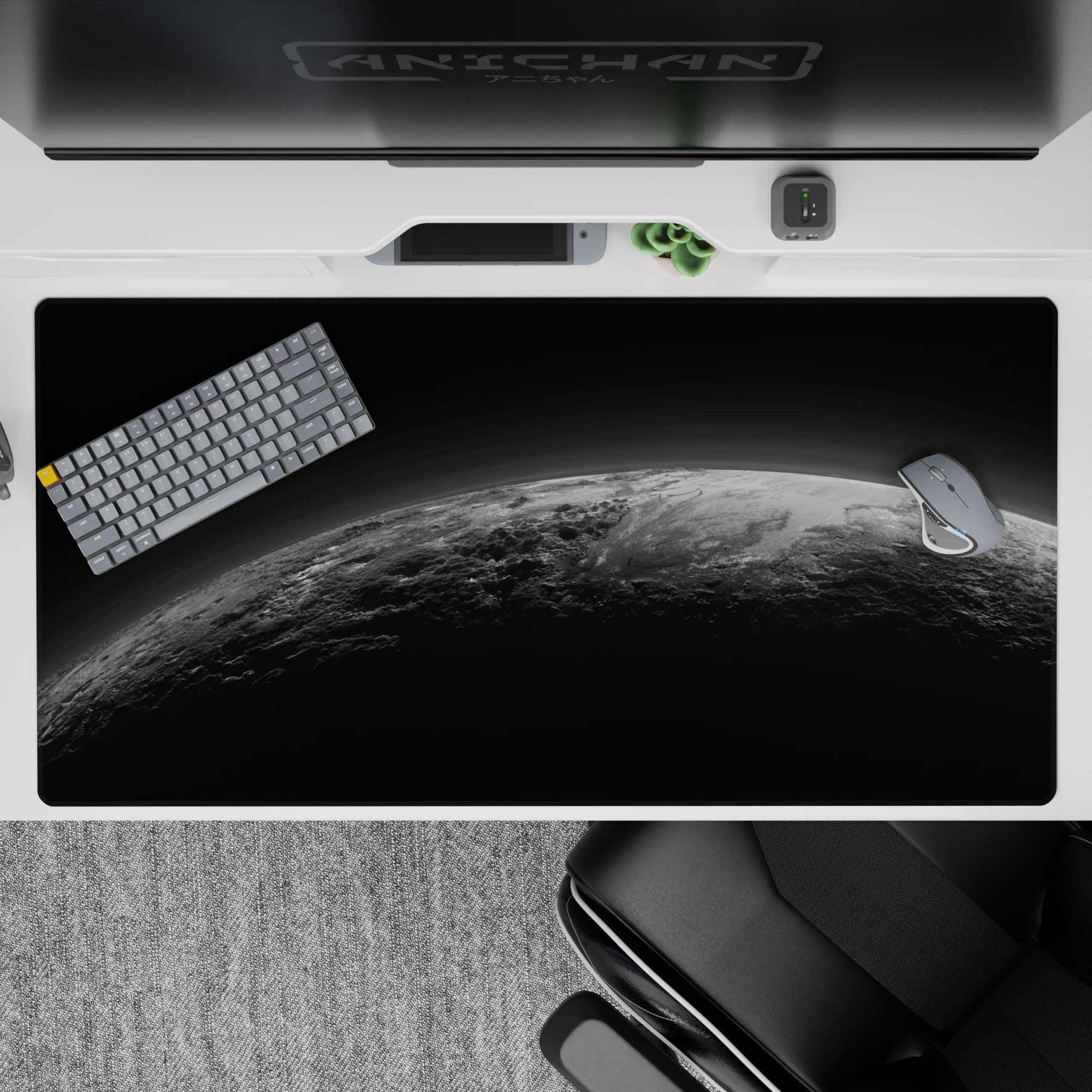 Moody black-to-charcoal gradient desk pad 40x20 inches, calm dramatic sky with velvet gray clouds.