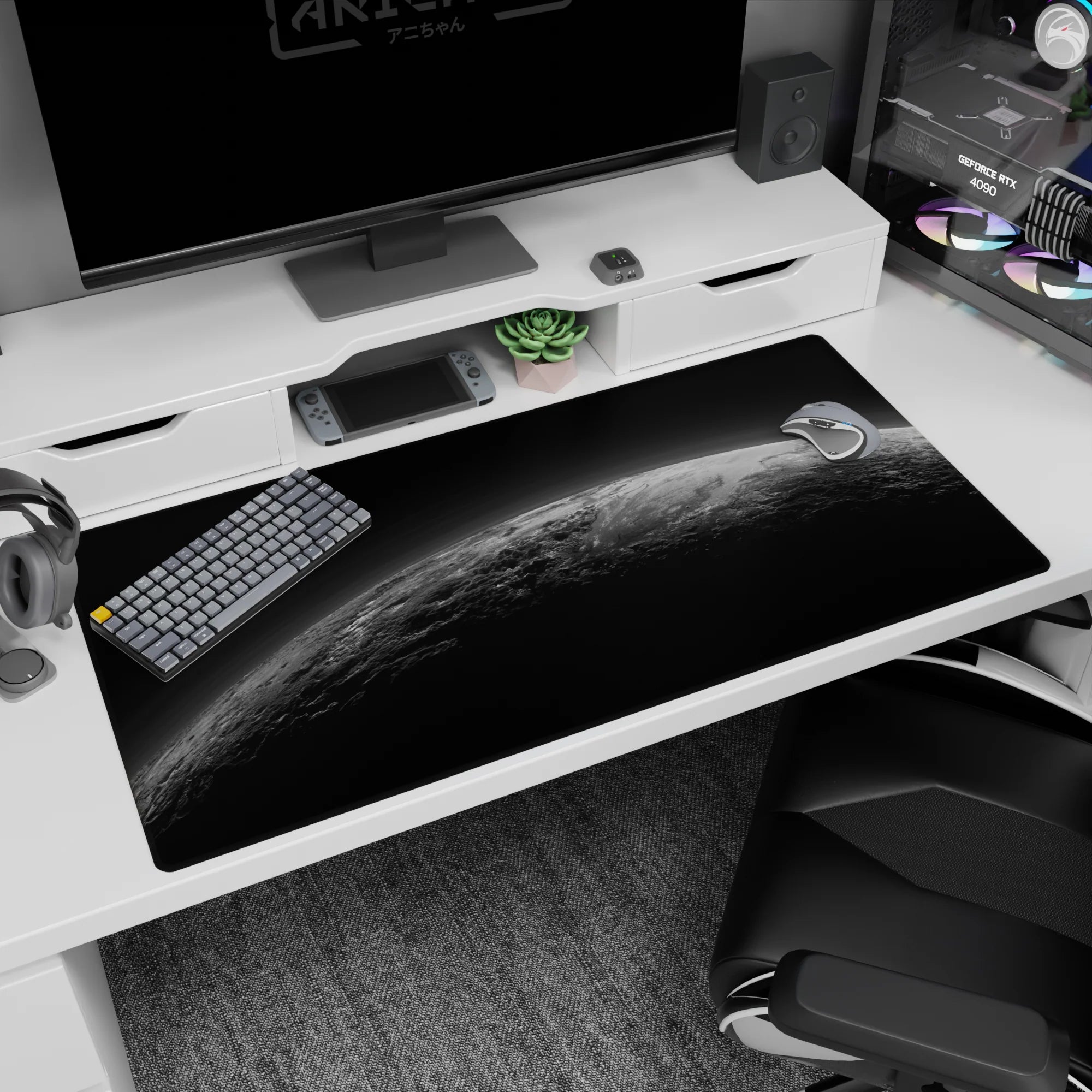 Planet edge floating in deep inky sky desk pad 40x20 inches, silver horizon and rippling gray clouds.