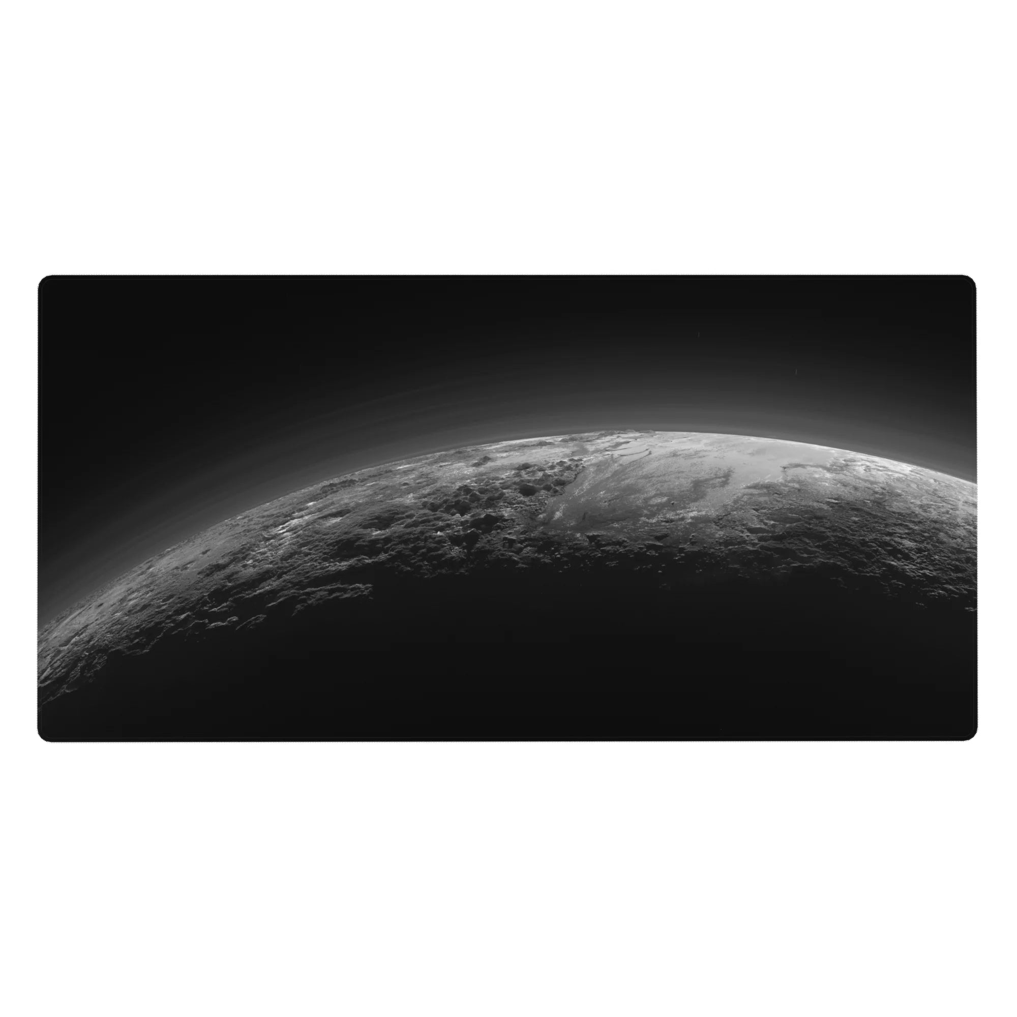 Space horizon planet edge desk pad 40x20 inches with crisp silver curve and soft cloud ripples.