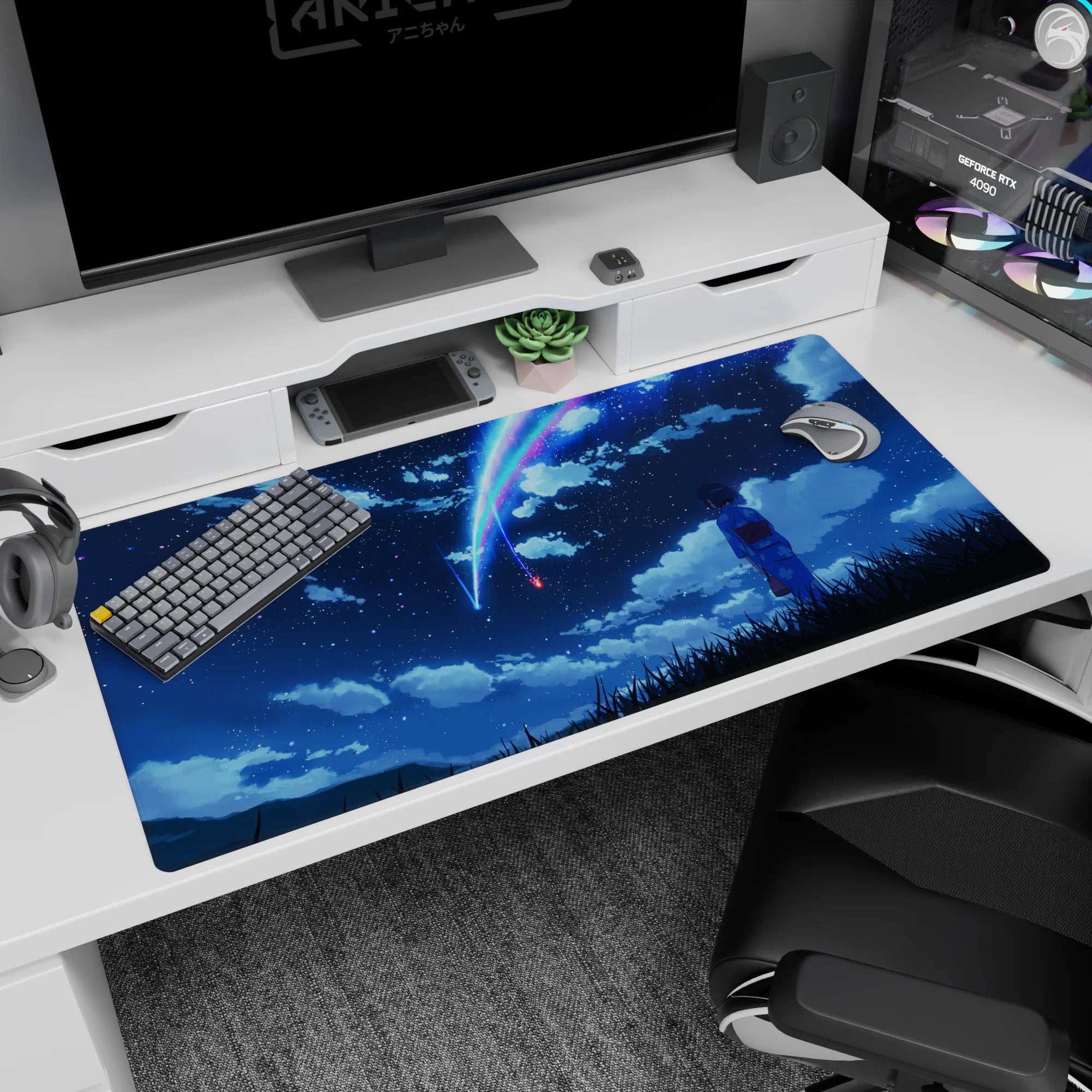 40x20 inches anime desk pad showing a lone yukata girl watching twin comets streak across clouds.