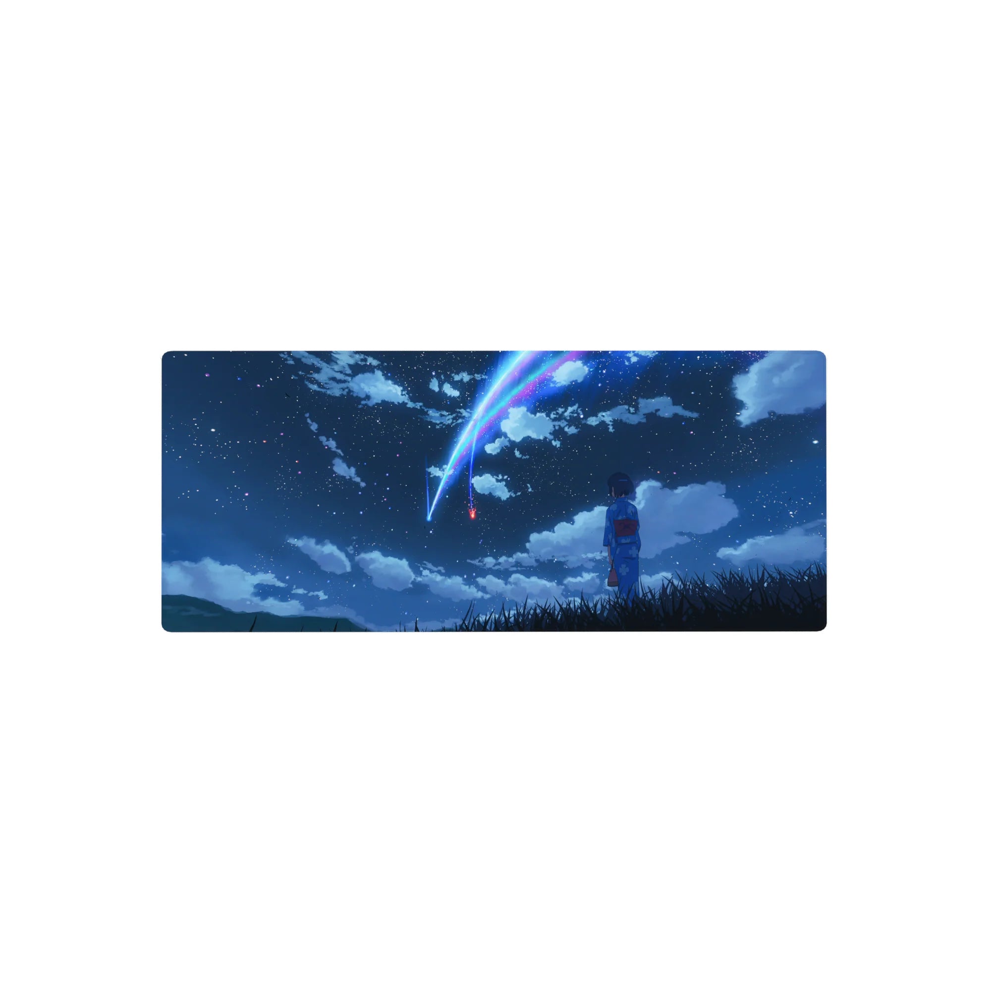 28x12 inches anime mouse pad with girl in blue yukata under twin comets in a starry night sky.