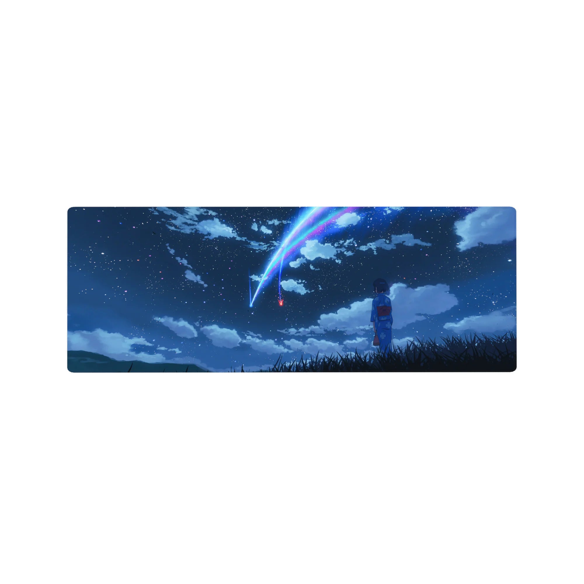 32x12 inches anime mouse pad with girl in blue yukata under twin comets and starry night sky.