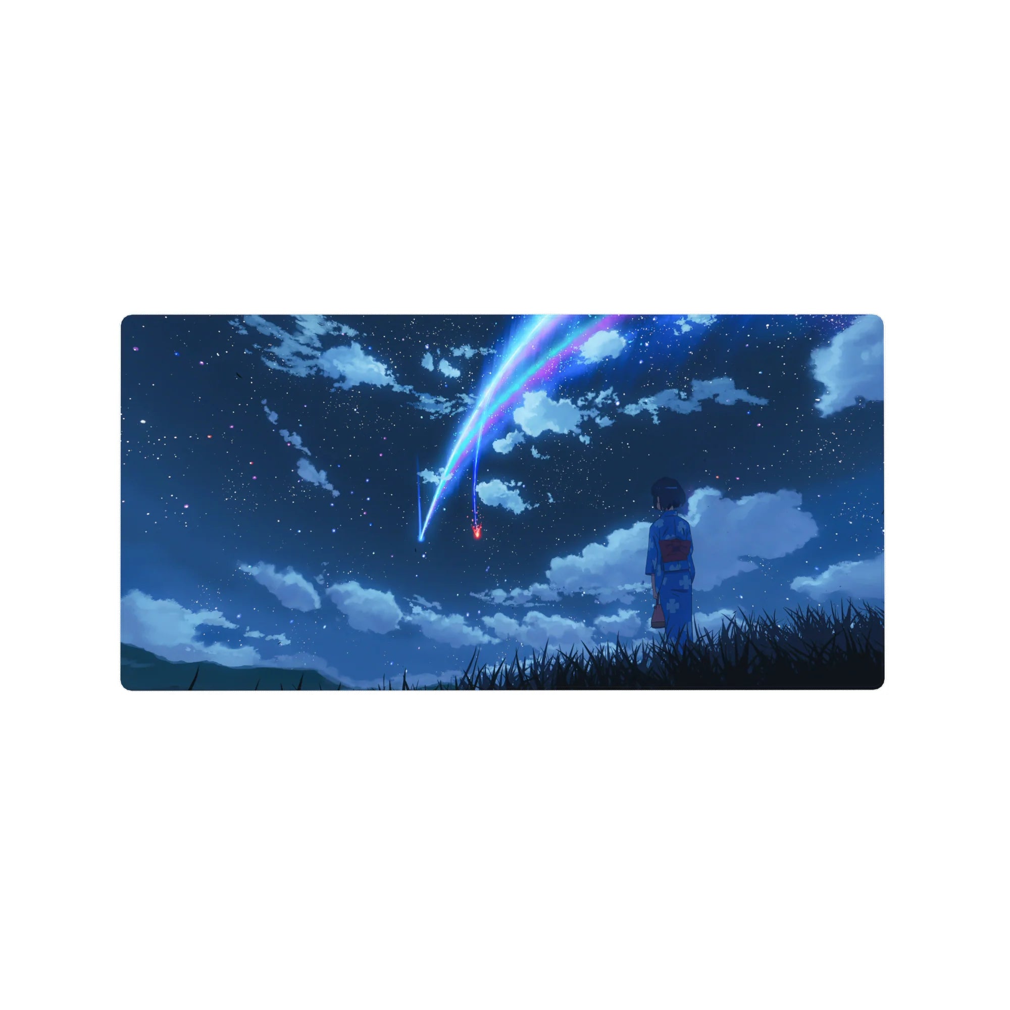 32x16 inches anime mouse pad with girl in blue yukata under twin comets and starry night clouds.