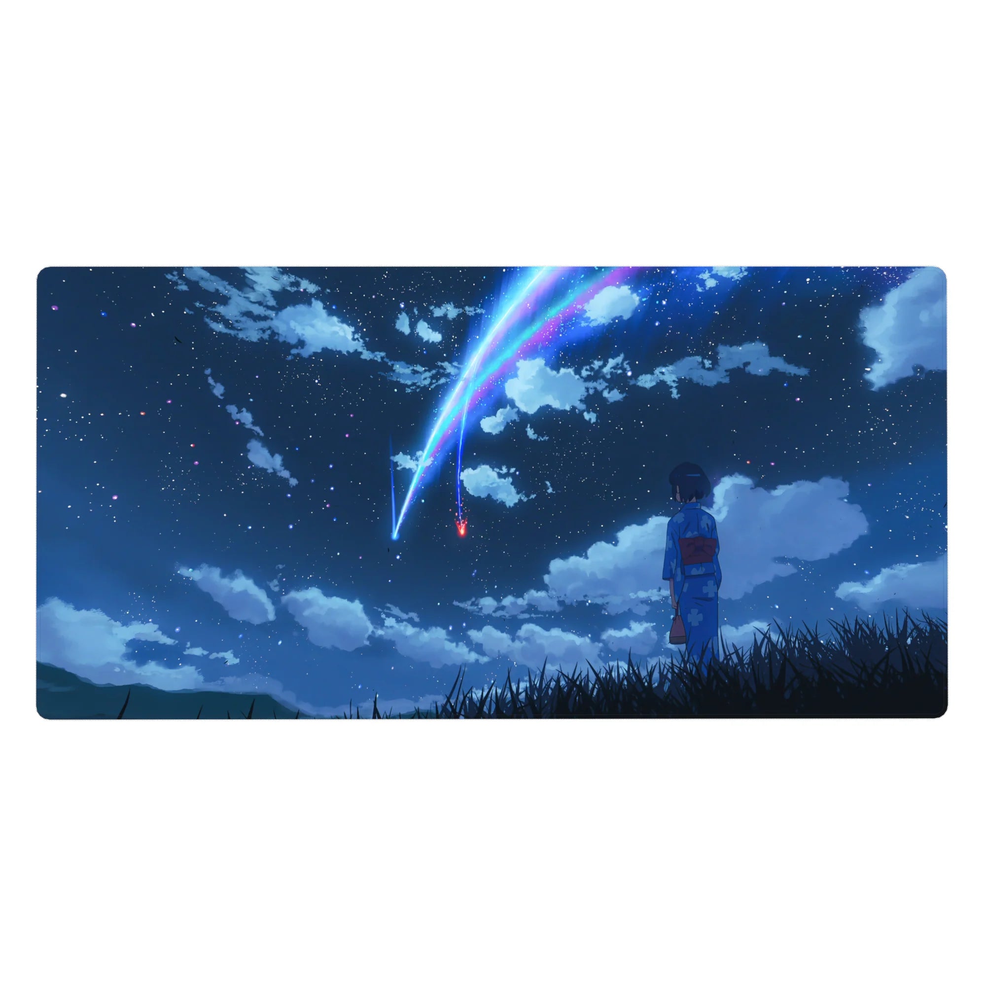Anime desk pad 40x20 inches with girl in blue yukata under twin comets and starry night sky.