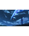 Anime desk pad 40x20 inches with girl in blue yukata under twin comets and starry night sky.