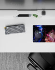 Anime girl mouse pad 14x10 inches in neon blue and hot magenta, bittersweet tears and dark vignette glow.