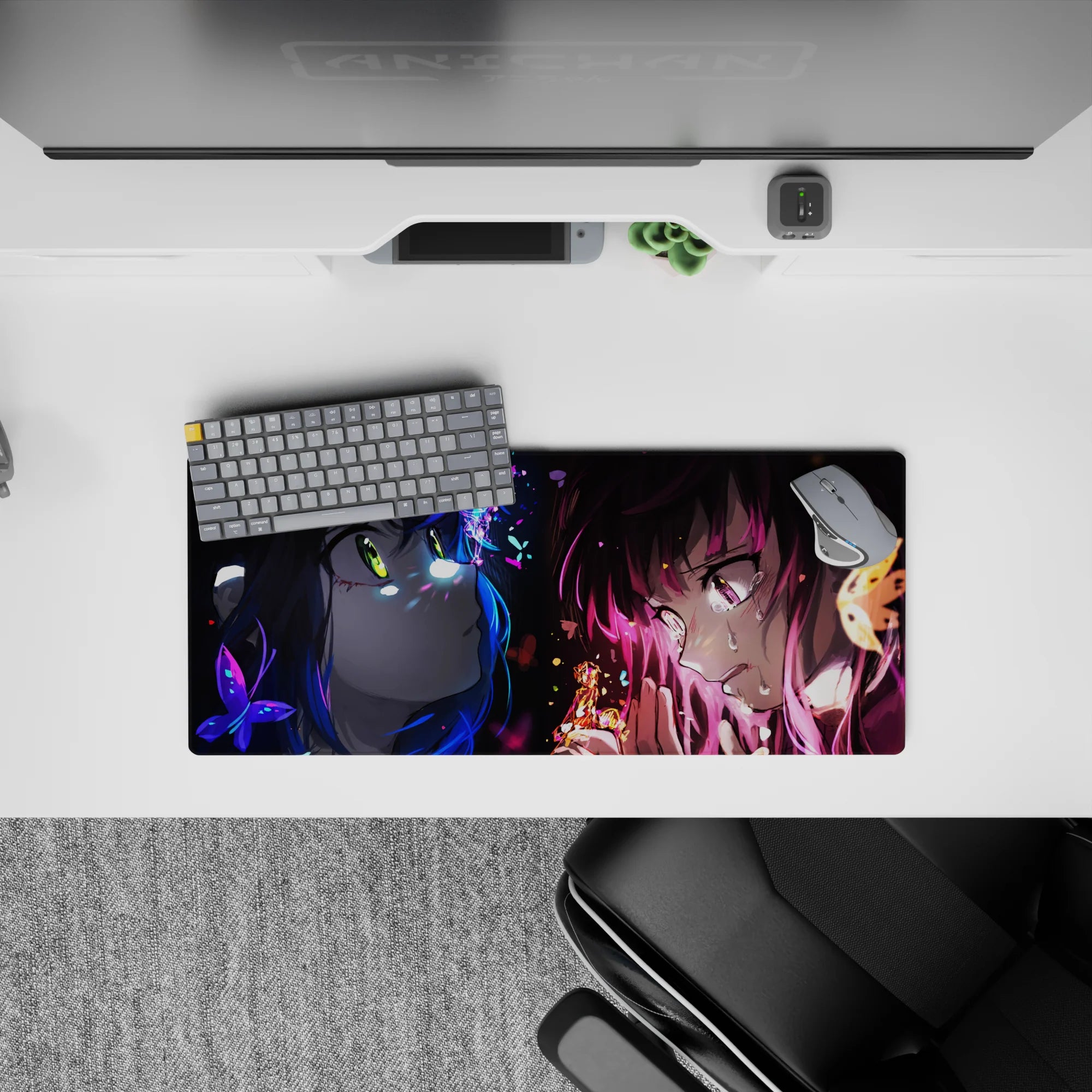 28x12 inches anime desk mouse pad in neon blue and hot magenta, bittersweet mood with sparks and butterfly shards.