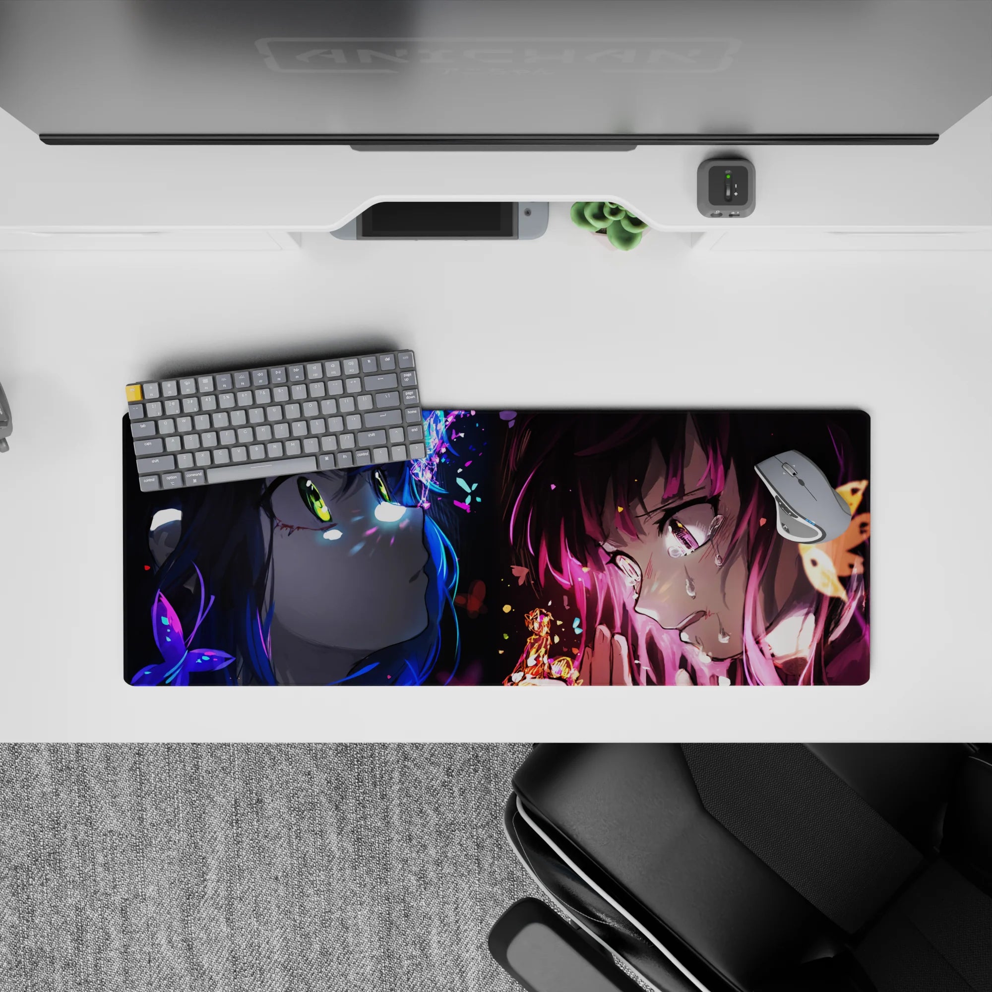 32x12 inches extended mouse pad in neon blue and hot magenta, bittersweet anime mood with glowing highlights.