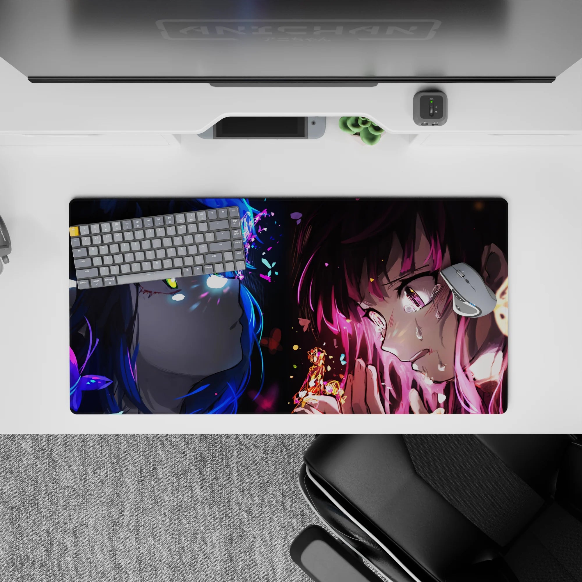32x16 inches anime mouse pad in neon blues and hot magentas, bittersweet mood with glowing tears.
