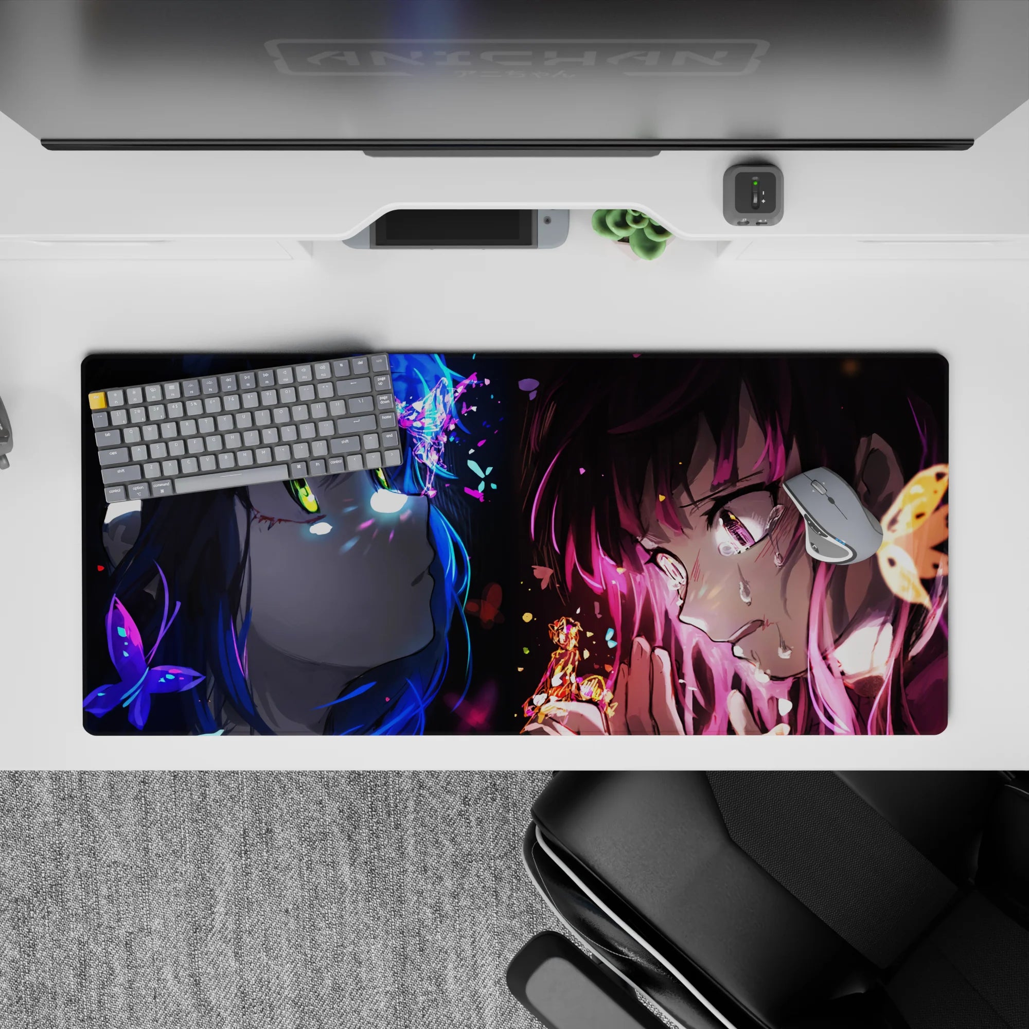 Neon blue and hot magenta anime girl desk pad 36x16 inches, bittersweet stare with sparks and glow.
