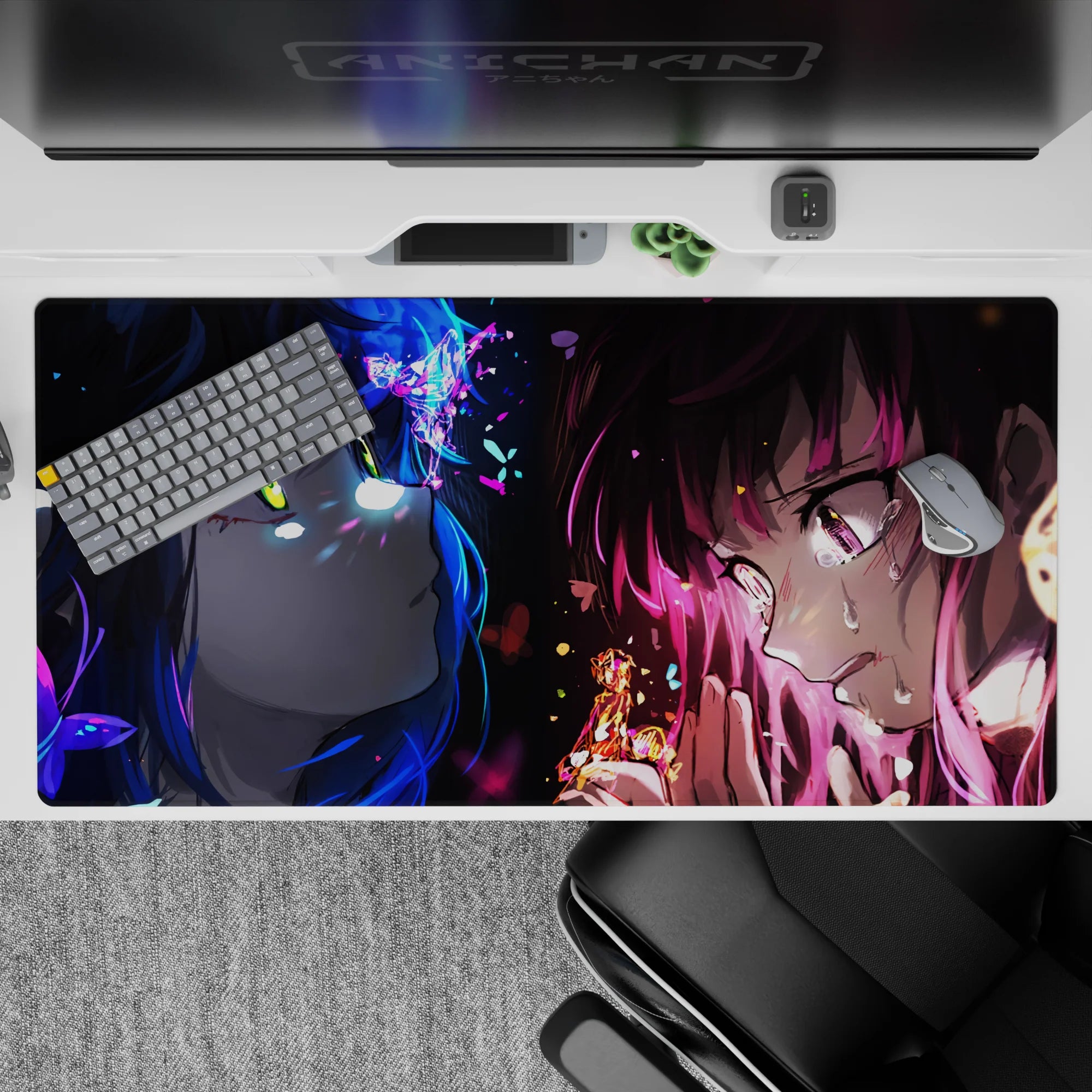 Neon blue and hot magenta anime girl desk pad 40x20 inches, bittersweet stare, dark vignette vibe.