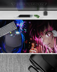 Neon blue and hot magenta anime girl desk pad 40x20 inches, bittersweet stare, dark vignette vibe.