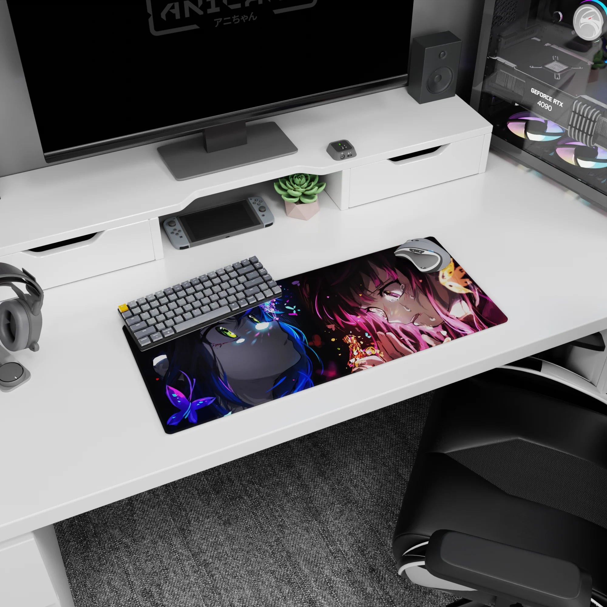 28x12 inches extended mouse pad showing two anime girls facing off up close, eyes locked amid floating shards.