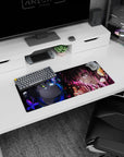 28x12 inches extended mouse pad showing two anime girls facing off up close, eyes locked amid floating shards.