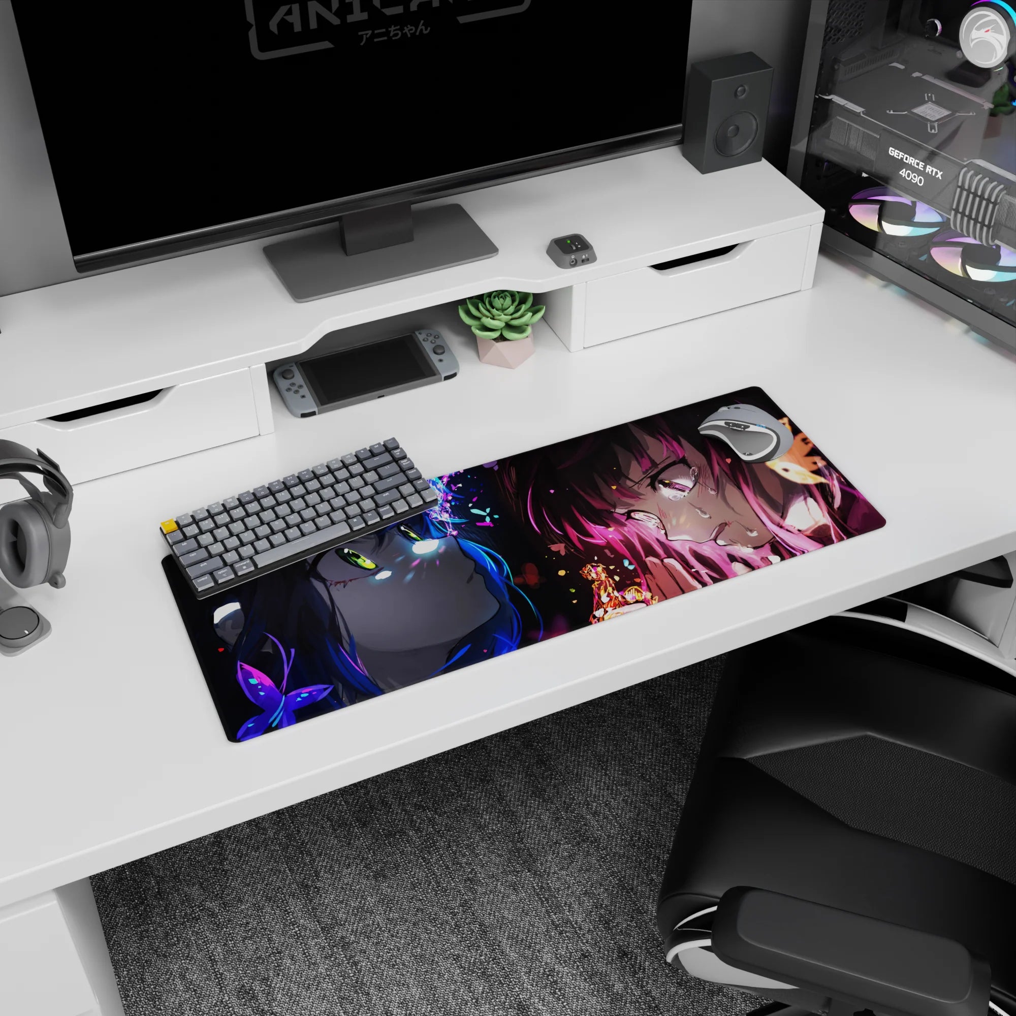 32x12 inches desk mat showing two anime girls face-to-face, butterfly-like shards floating between them.
