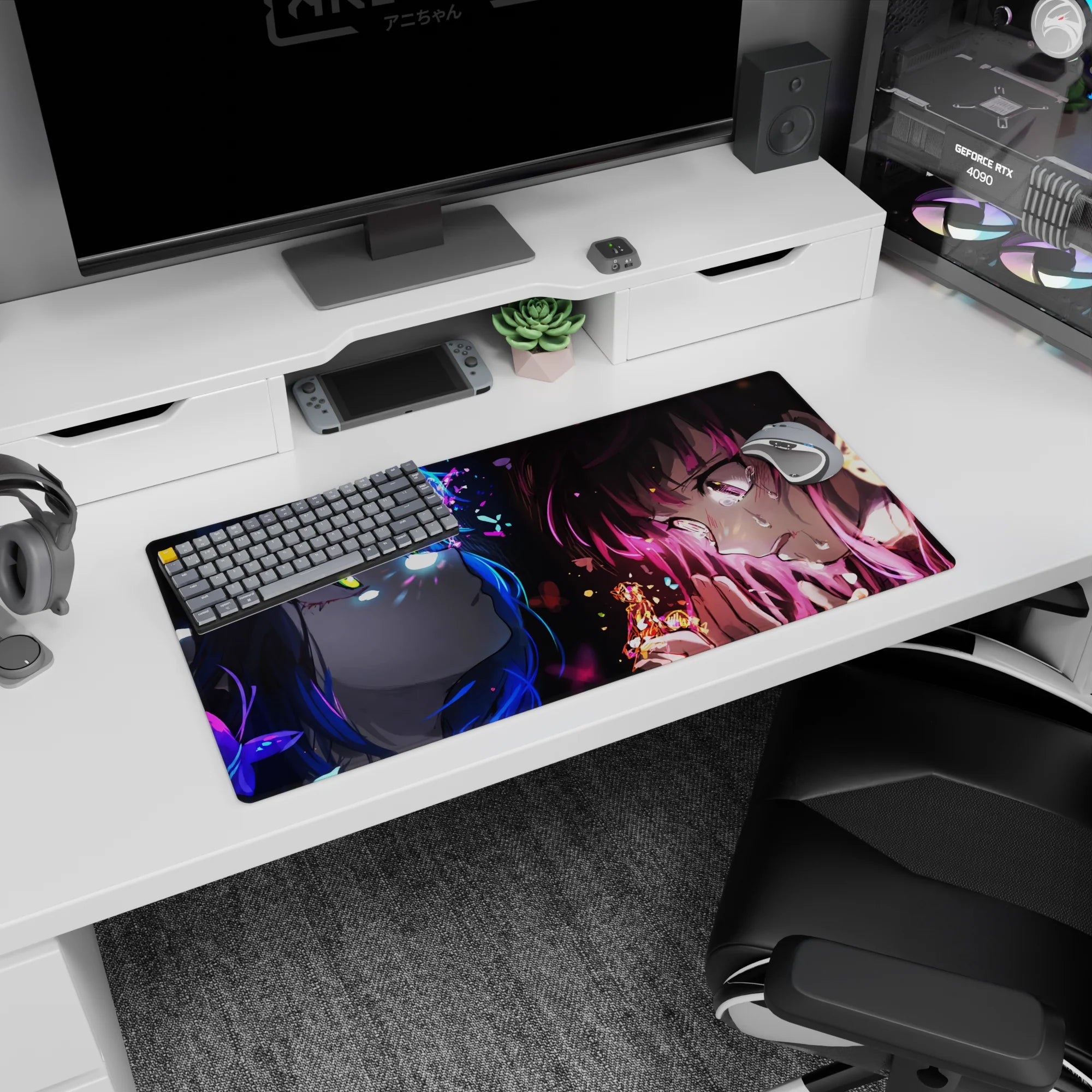 32x16 inches large mouse pad showing two anime girls locked in a tense stare, butterflies and sparks.