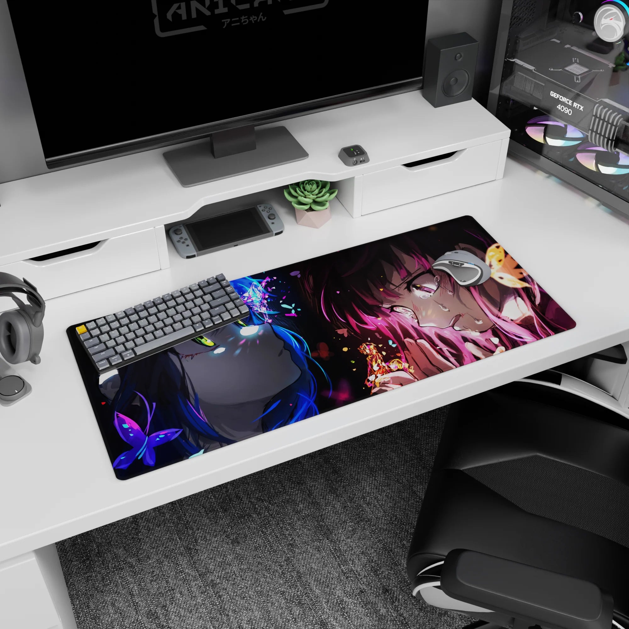 Two anime girls facing off on desk pad 36x16 inches, tearful eyes locked with butterfly-like shards between.