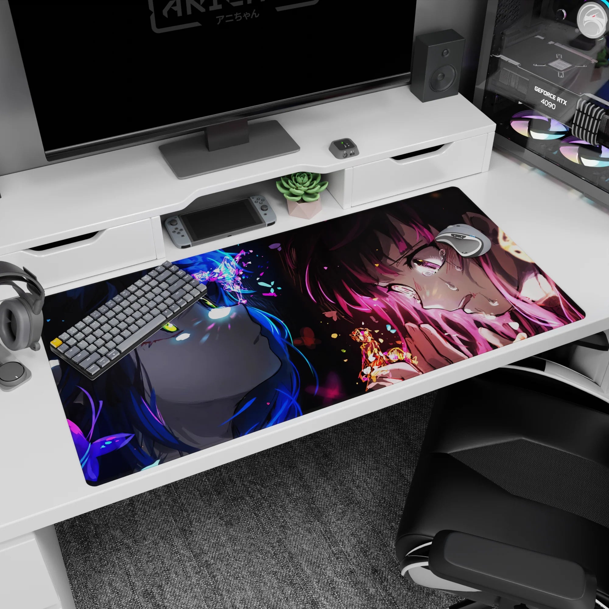 Two anime girls locked in a tense face-off desk pad 40x20 inches, floating sparks between their eyes.