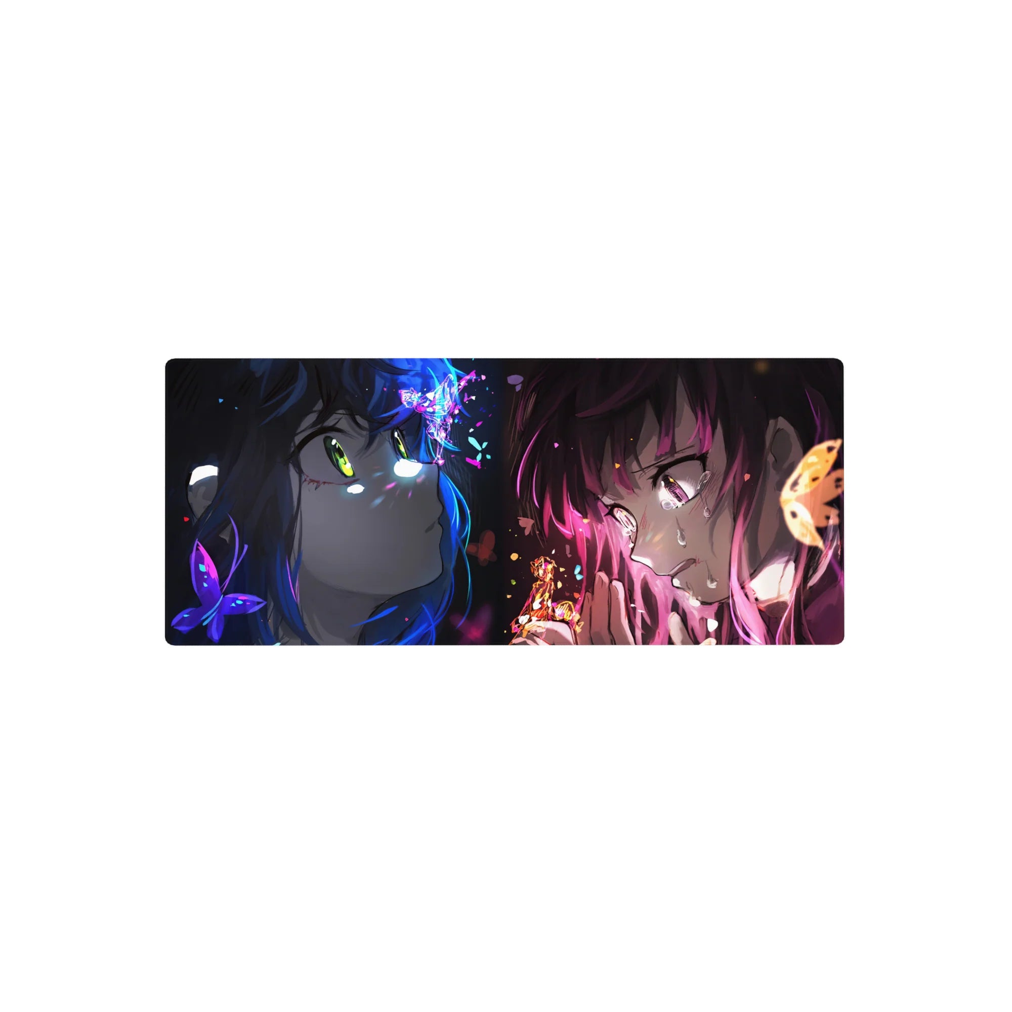 28x12 inches anime girl mouse pad with two girls in a dramatic stare-down, glossy tears and glowing highlights.