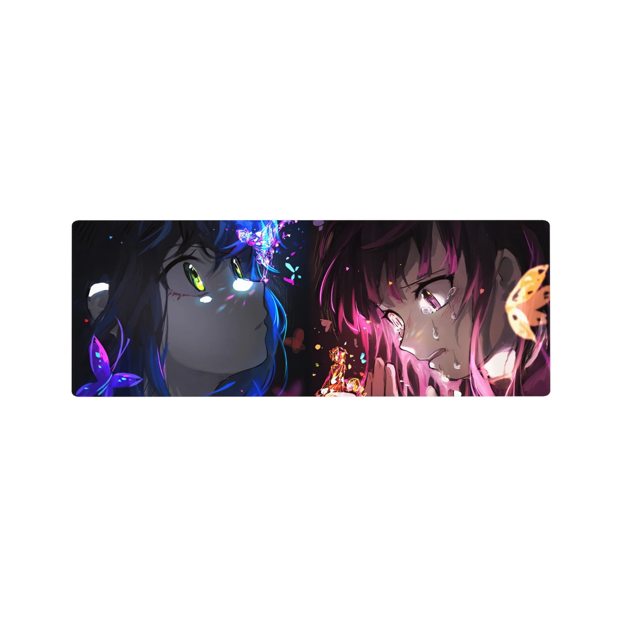 32x12 inches anime girl mouse pad with two girls staring down, glossy tears, sparks, and shard accents.