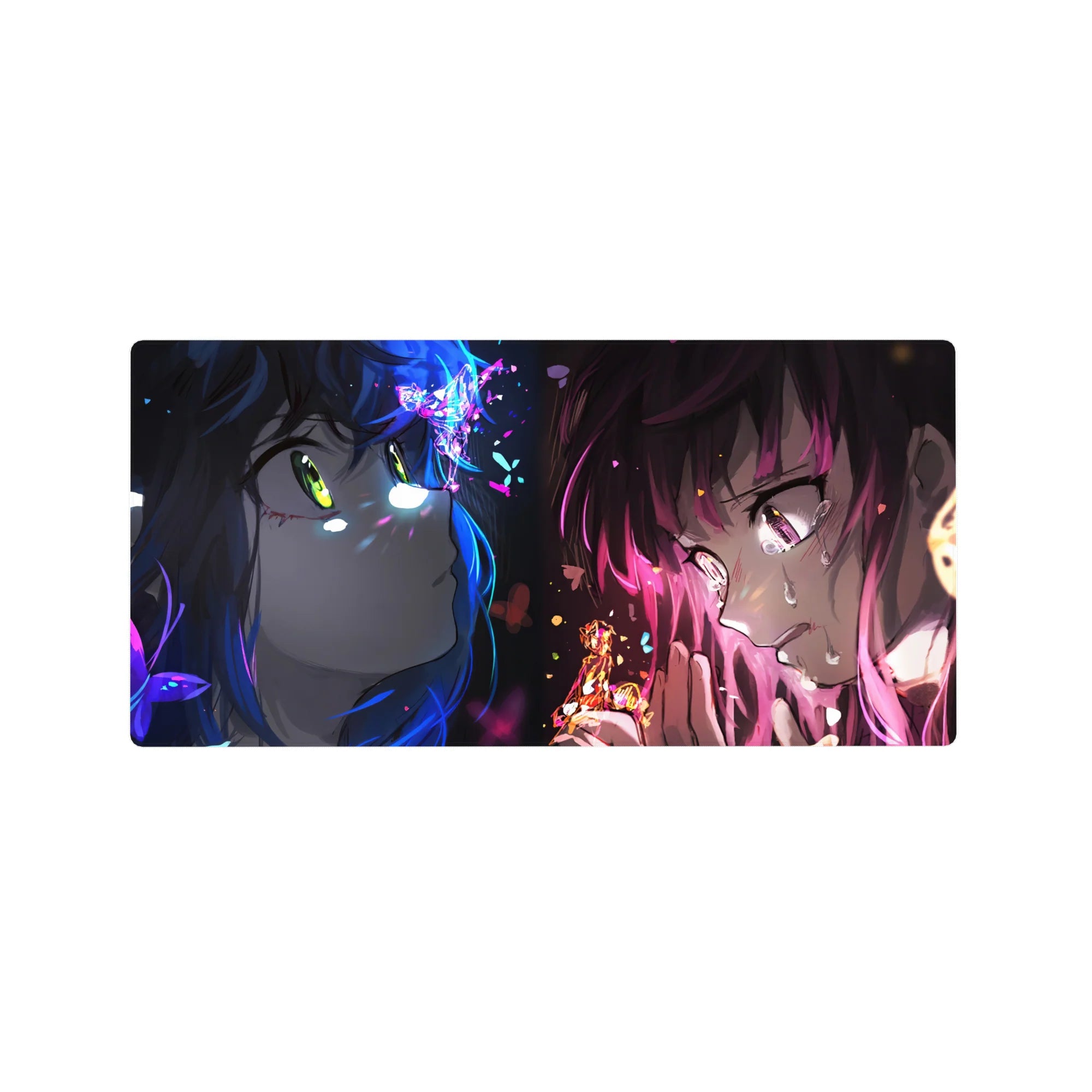 32x16 inches anime girl mouse pad with neon blue and magenta standoff, spark shards, glossy highlights.