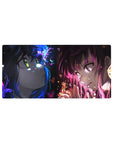 32x16 inches anime girl mouse pad with neon blue and magenta standoff, spark shards, glossy highlights.