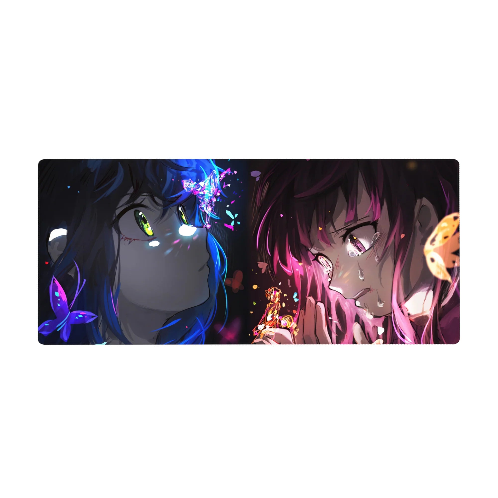 Anime girl desk pad 36x16 inches with dramatic neon duel art, glossy tears, shards, and dark vignette.