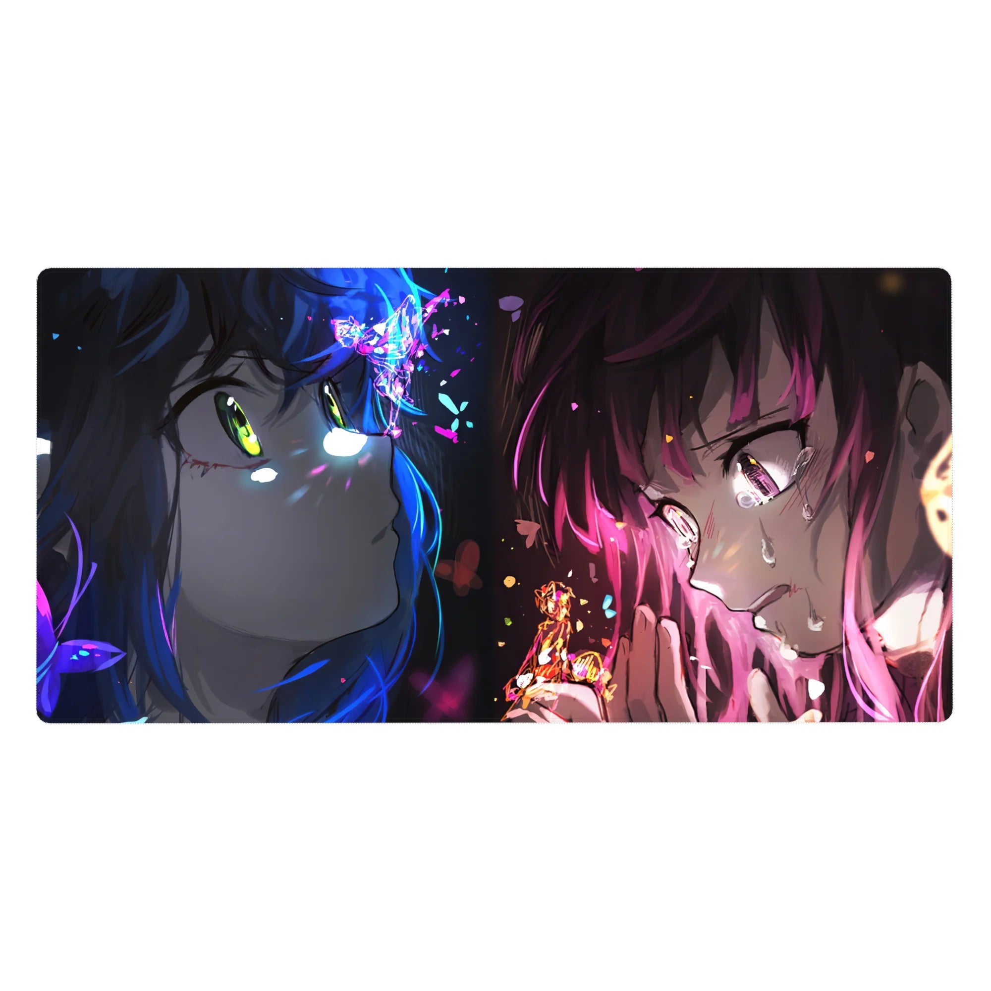 Anime girl desk pad 40x20 inches with two girls standoff, sparks and butterfly shards, glossy tear glow.