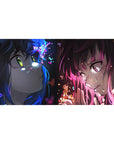 Anime girl desk pad 40x20 inches with two girls standoff, sparks and butterfly shards, glossy tear glow.