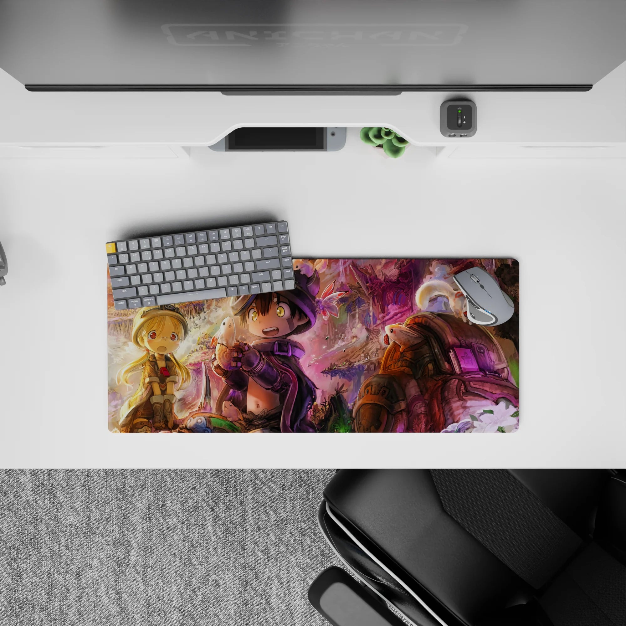 28x12 inches anime mouse pad in sunset gold and violet mist, cozy adventure vibe, vivid critters.
