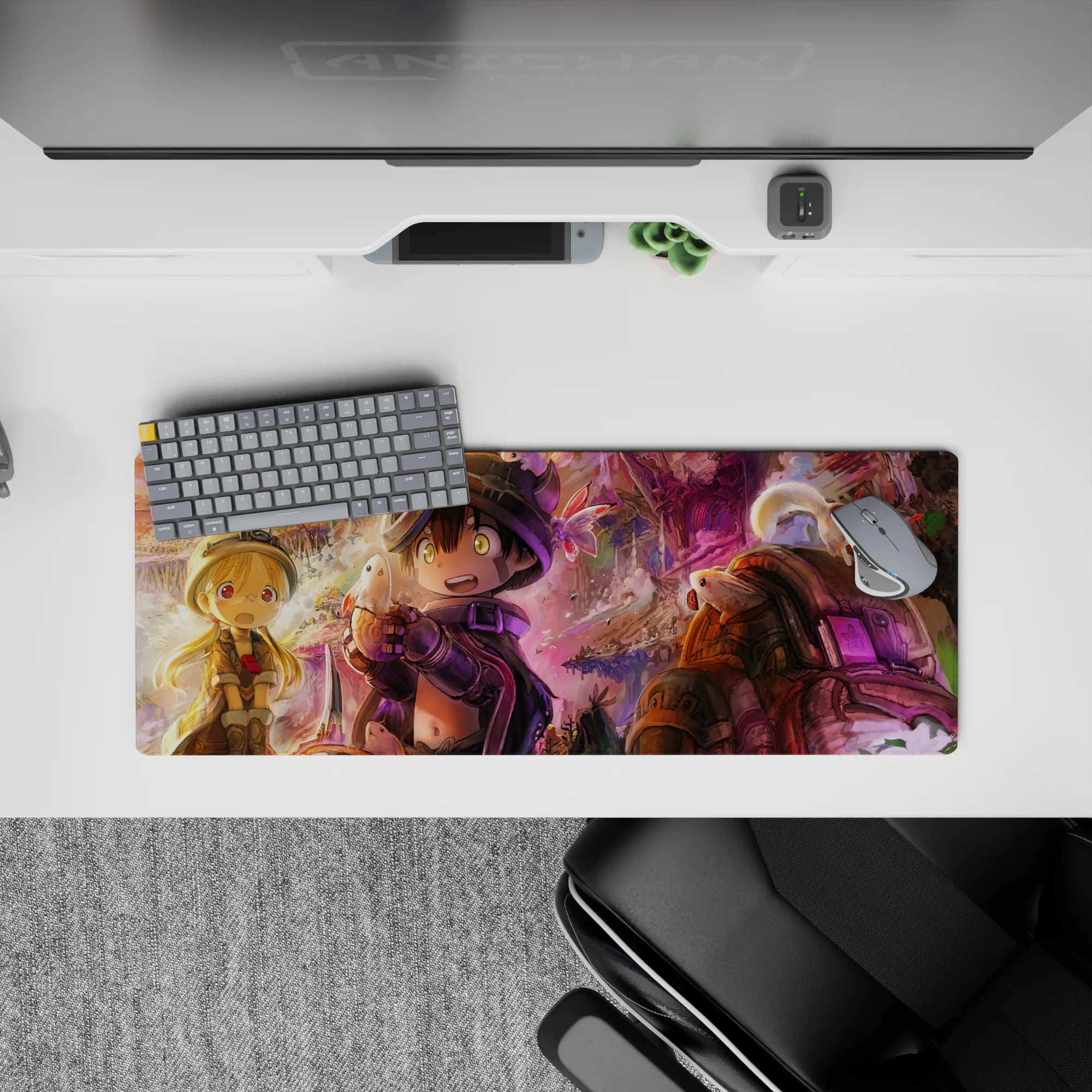 32x12 inches anime mouse pad in sunset gold and violet mist, cozy adventure vibe with playful critters.