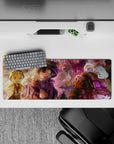 32x12 inches anime mouse pad in sunset gold and violet mist, cozy adventure vibe with playful critters.