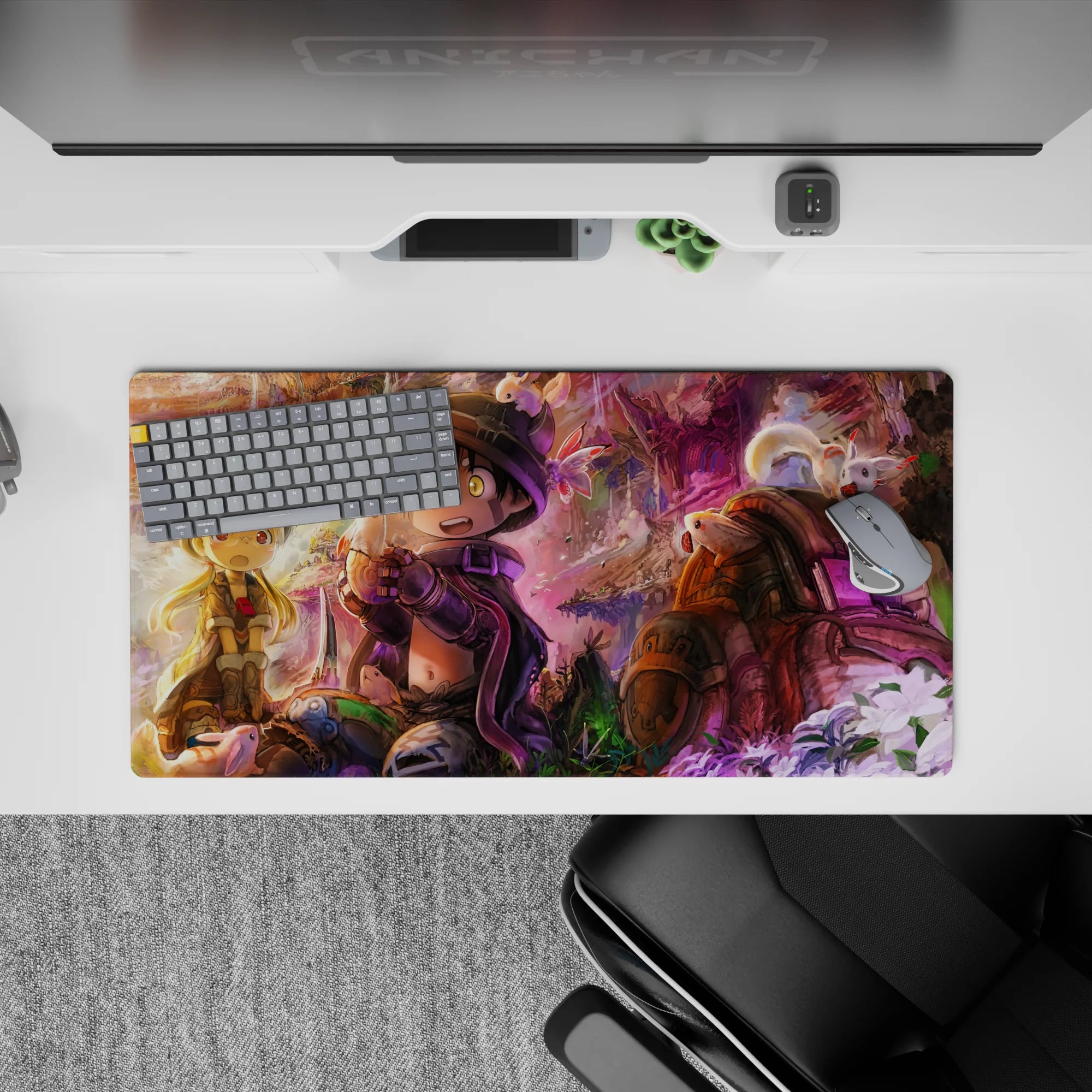 32x16 inches anime mouse pad in sunset gold and violet mist, cozy adventure vibe with vivid critters.