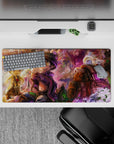32x16 inches anime mouse pad in sunset gold and violet mist, cozy adventure vibe with vivid critters.