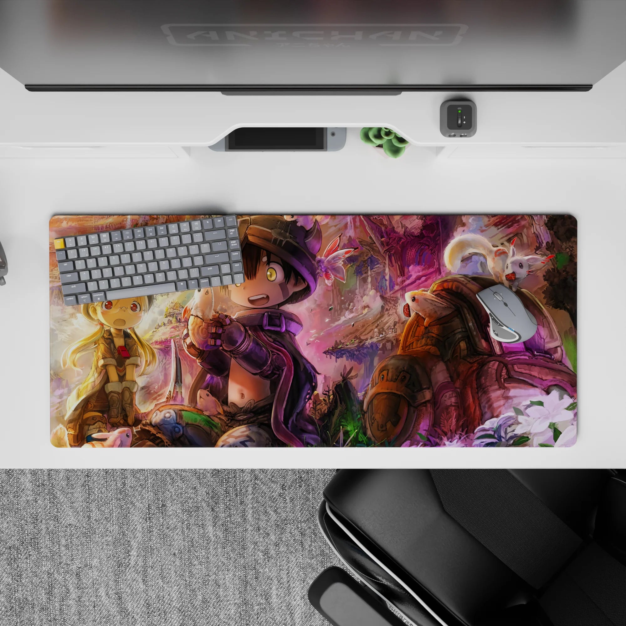 Cozy sunset-gold to violet mist anime desk pad 36x16 inches, vivid print with playful critters.