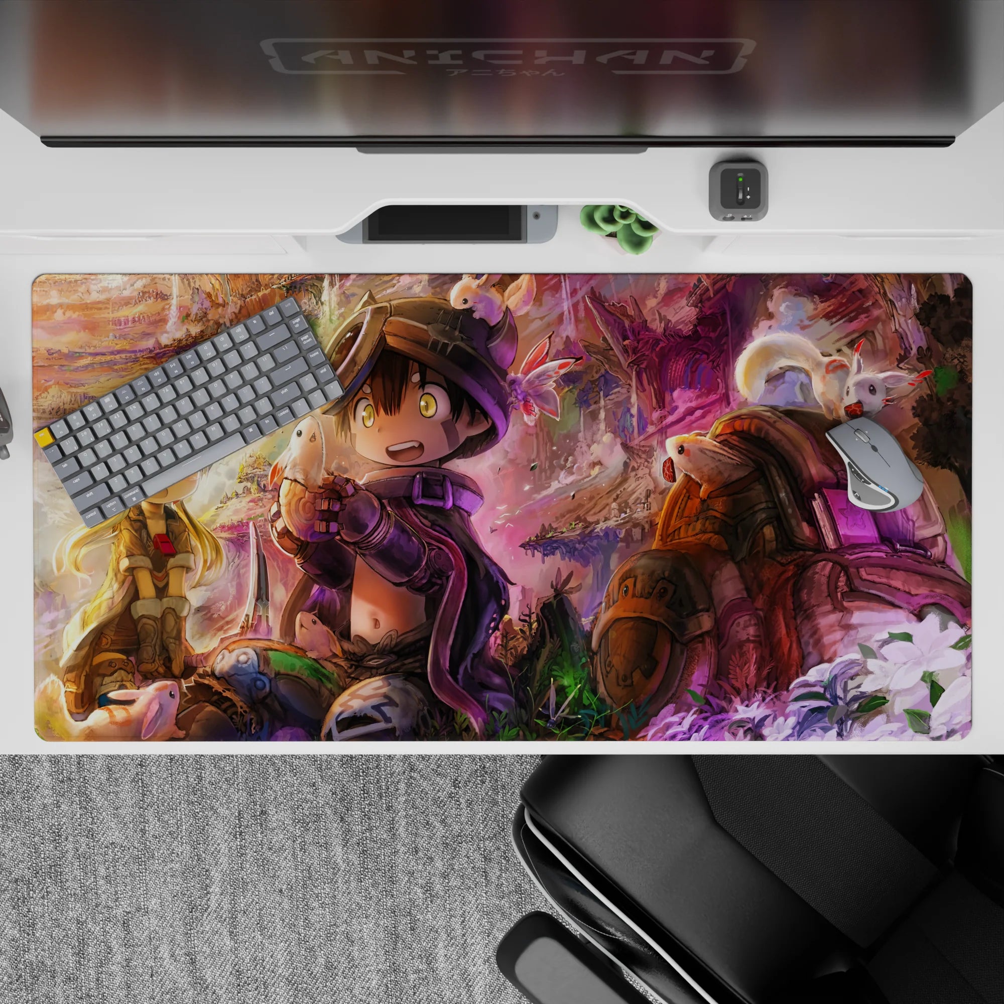 Warm sunset gold to violet mist anime desk pad 40x20 inches, cozy adventure vibe with playful critters.